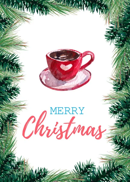 Festliche Weihnachtskarte Mit Handbemaltem Aquarell Rote Tasse Und Nadelrahmen — Stockfoto