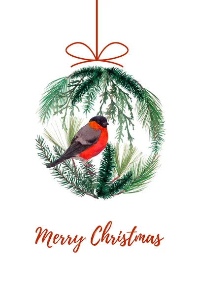 Feestelijke kerstkaart met met de hand getekende aquarel dennennaalden takken en bullfinch vogel versierd in de vorm van een kerstbal. — Stockfoto