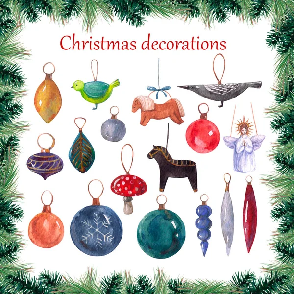 Sada Ručně Kreslené Akvarel Vánoční Stromeček Dekorace — Stock fotografie
