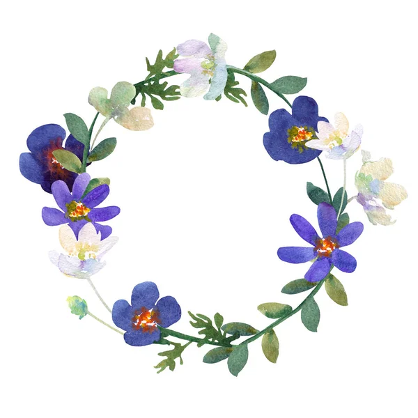 Στεφάνι Από Μπλε Και Λευκά Λουλούδια Ζωγραφισμένο Στο Χέρι Ακουαρέλα — Φωτογραφία Αρχείου