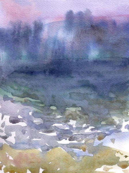 Aquarelle Dessinée Main Paysage Marin Sous Pluie — Photo