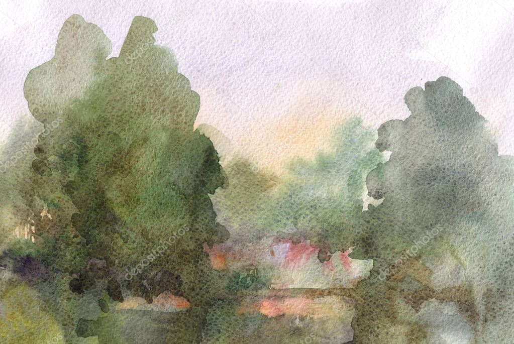 Hand-painted watercolor landscape in muted brown and green
