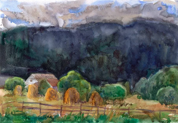 Paysage Aquarelle Meules Foin Dans Village Sur Fond Montagnes Sombres — Photo