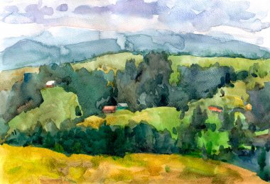 suluboya manzara. Antik dağlar Karpatların yamaçlarında kayboldu.