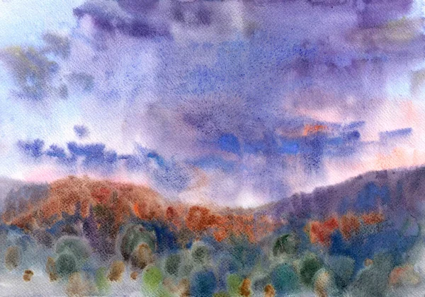 Paysage Aquarelle Coucher Soleil Illumine Vallée Dans Les Montagnes — Photo