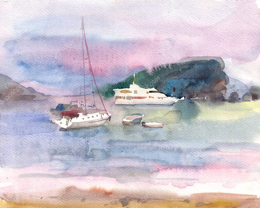 watercolor landscape. the evening sun illuminates the beautiful yachts in the harbor