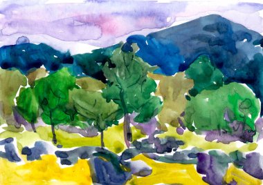 suluboya manzara dağlarda elma bahçesi