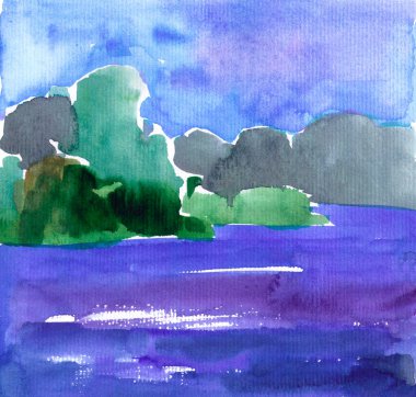 Nehir kıyısındaki mavi manzaralı suluboya ağaçlar