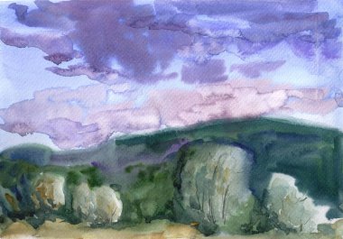 suluboya manzara, mor-pembe gökyüzü gümüşi ağaçların arka planında