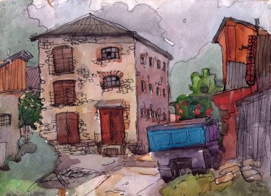 suluboya manzara. Kamyon ürünleri üretime getirdi.