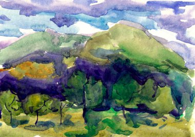 Dağların arkasındaki meyve ağaçlarından oluşan suluboya bir bahçe.