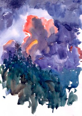 Turkuaz renkli suluboya manzara ve mavi renkler. Karpatlar, güneş bulutların arkasına saklandı..