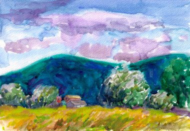 Turkuaz dağların arka planında suluboya çayır manzarası