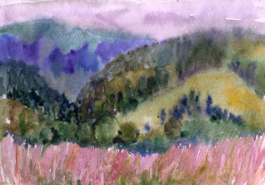 Dağların yamaçlarında suluboya kır çiçekleri