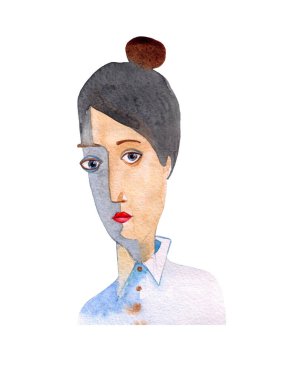 Elle çizilmiş suluboya bir kızın gömlekli portresi..