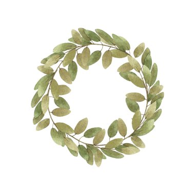 Suluboya elle boyanmış, tatil için yeşil yapraklı bir çelenk.