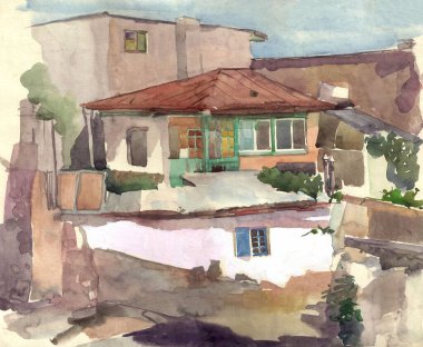 Yalta 'da eski bir evi olan el yapımı suluboya manzara.