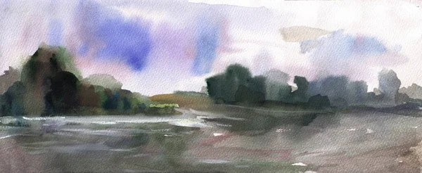 Ručně Kreslené Akvarel Krajina Matins Jezero — Stock fotografie