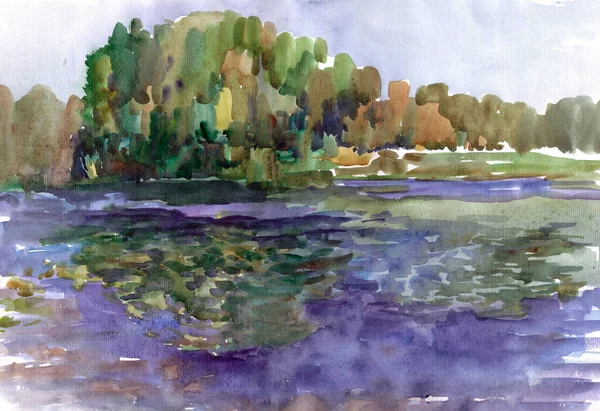 川の反対側を見下ろす手描きの水彩画の風景 — ストック写真