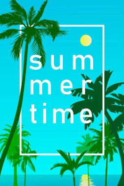 Vektör illüstrasyon, denizin arka planında palmiye ağaçları olan manzara.