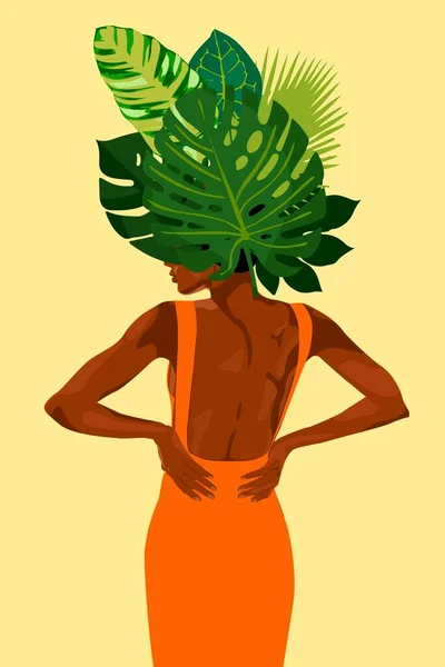 Vector Illustration Dark Skinned Girl Tropical Leaves — Stock Vector