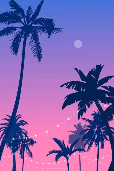 Ilustración Vectorial Imagen Palmeras Una Cálida Noche Verano — Vector de stock