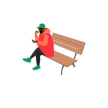 Elinde telefon ve kahveyle bankta dinlenen bir adamın vektör görüntüsü