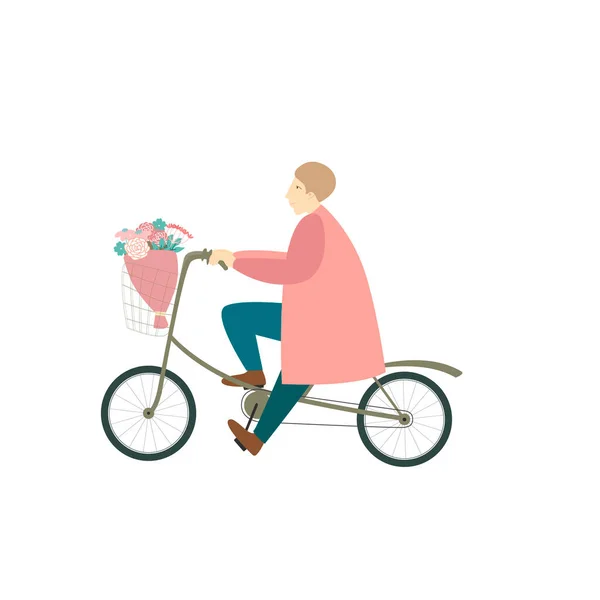 Vektorbild Eines Mannes Auf Einem Fahrrad Mit Einem Blumenstrauß — Stockvektor