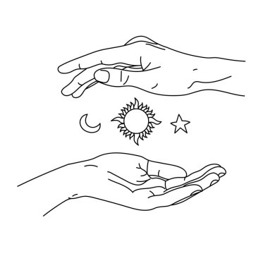 Gök cisimlerini tutan doğrusal çizilmiş ellerin vektör resmi