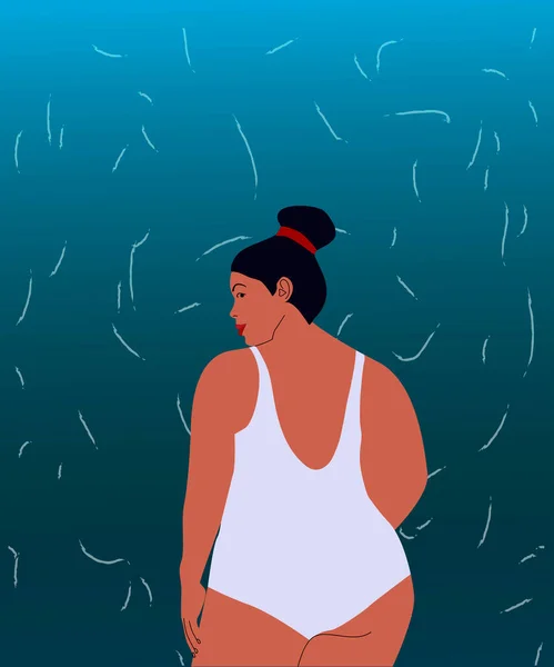 Vektorbild Eines Mädchens Weißen Badeanzug Auf Dem Hintergrund Des Meeres — Stockvektor