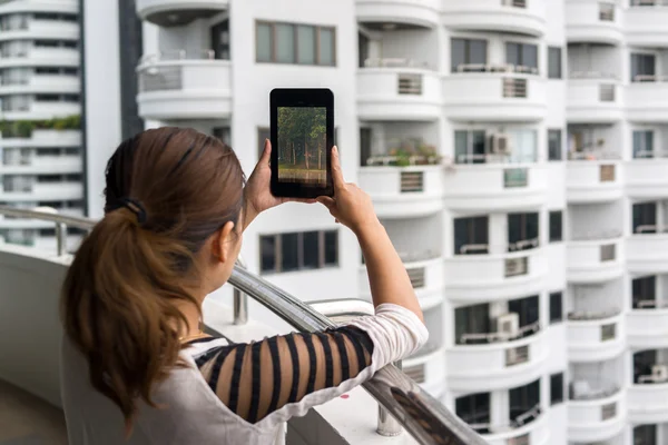 Woman holding tablet with forest on the screen — Stock Photo, Image