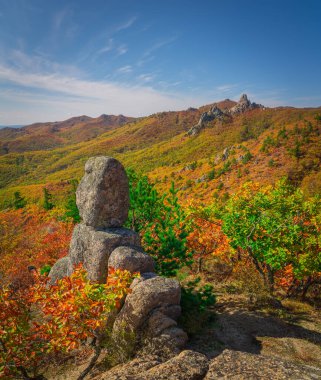 Rusya 'nın Primorsky bölgesindeki Tayga dağlarında sonbahar.