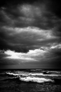 Deniz kenarındaki kayaların siyah beyaz bir fotoğrafı.