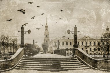 Kış karlı bentleri ve bridge St Petersburg'un tarihi merkezi
