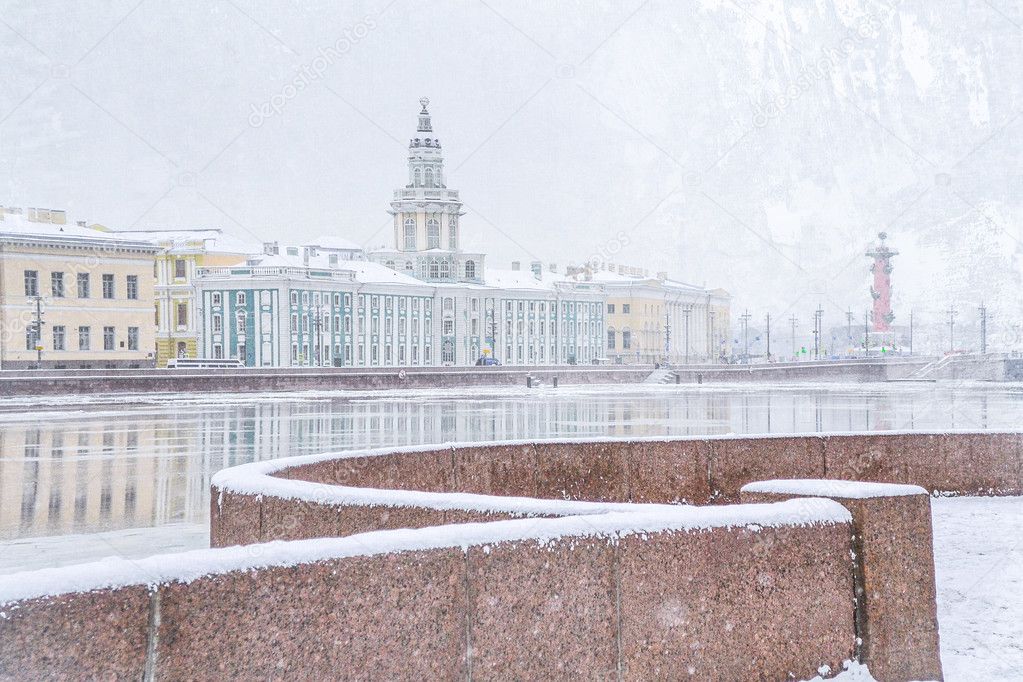 Winter on snowy embankments and bridge the historical center of St. Petersburg