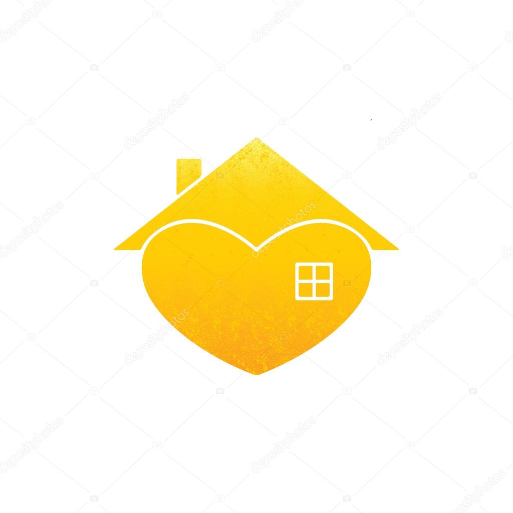 Shabby golden colored house with in the shape of heart with roof and chimney on it and big window isolated on white background. New house concept. House logo template