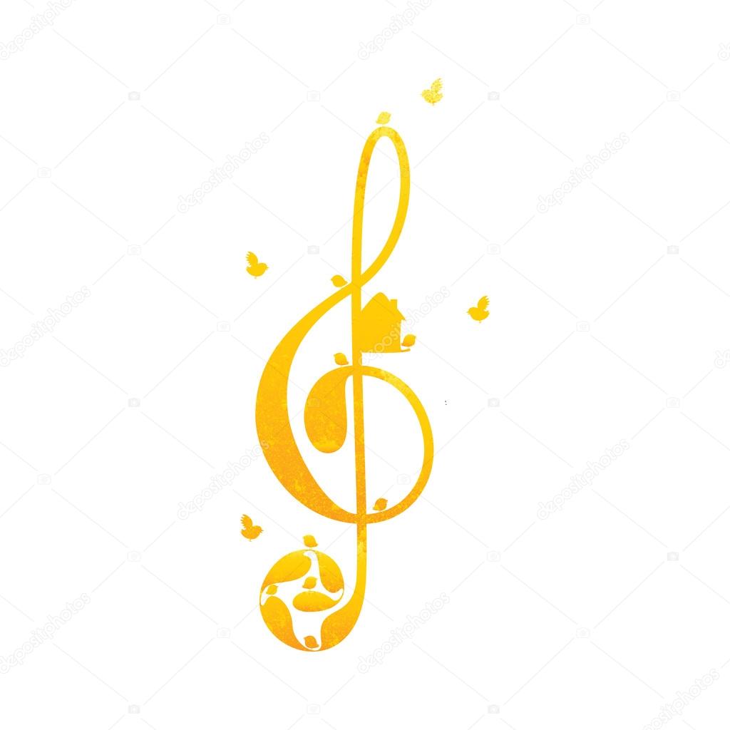Beautiful vintage golden colored treble clef with floral elements, nesting box and birds on white background. Greeting card / invitation template. Design element