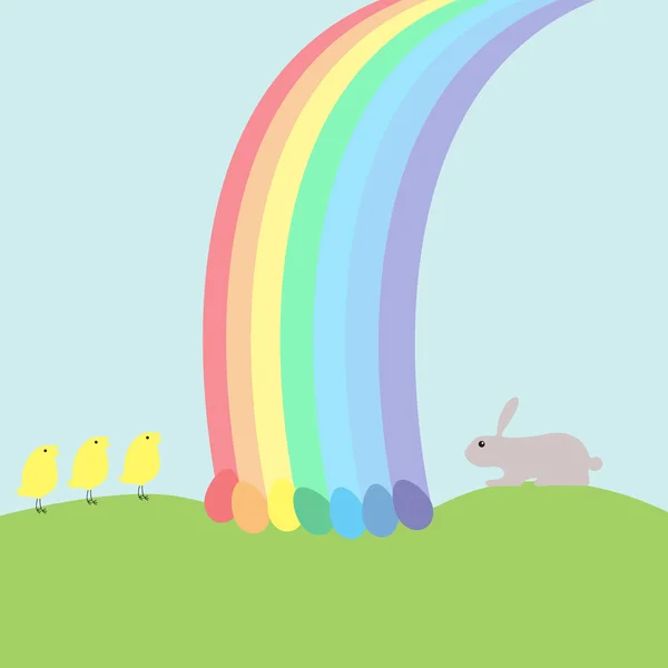 Hase, Hühner, Eier und Regenbogen — Stockvektor