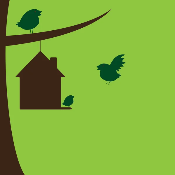 Família de pássaros e sua nova casa — Vetor de Stock