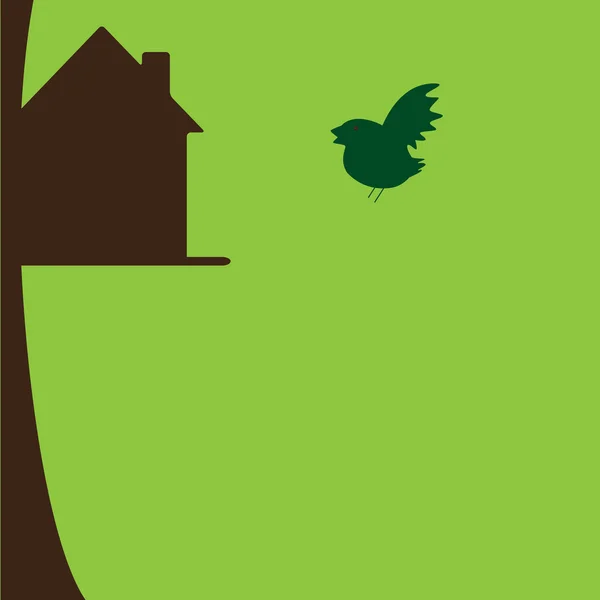 Pájaro volando a su propia caja de anidación en árbol — Vector de stock