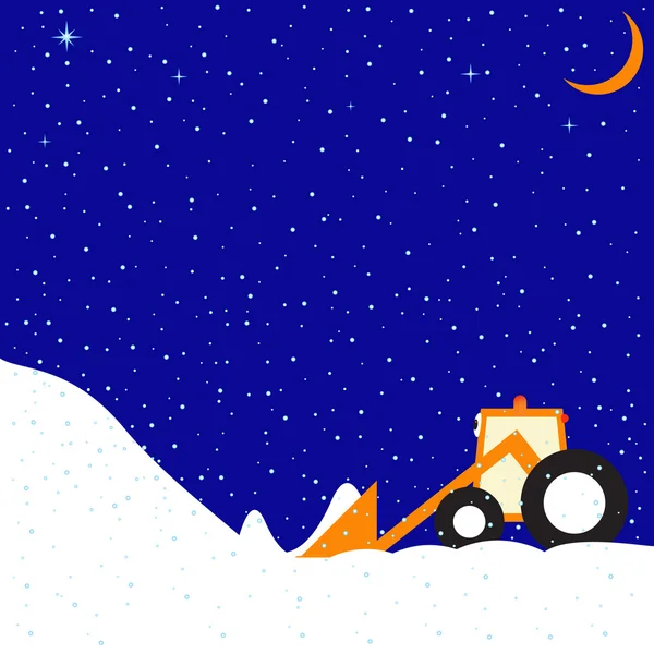 Winter landscape with little funny tractor — Stock Vector