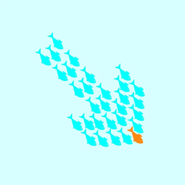 School of fish swimming in shape of down arrow — Stock Vector