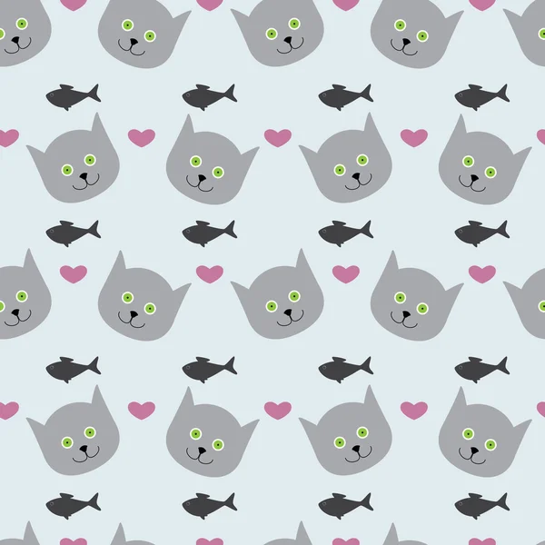 Fond avec chaton, poisson et coeurs — Image vectorielle