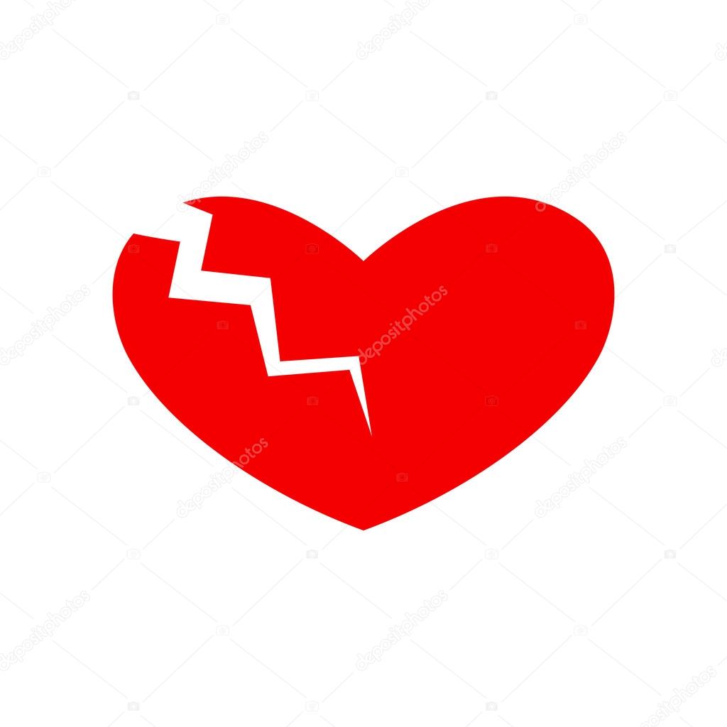 Red heart separated with lightning into two parts. Concept of cardiac disease, broken heart, big love and strong passion.  Logo template