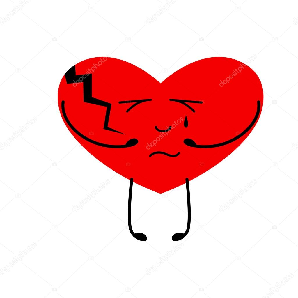 Red crying heart separated with black lightning into two parts isolated on white background. Concept of cardiac disease, broken heart, big love and strong passion