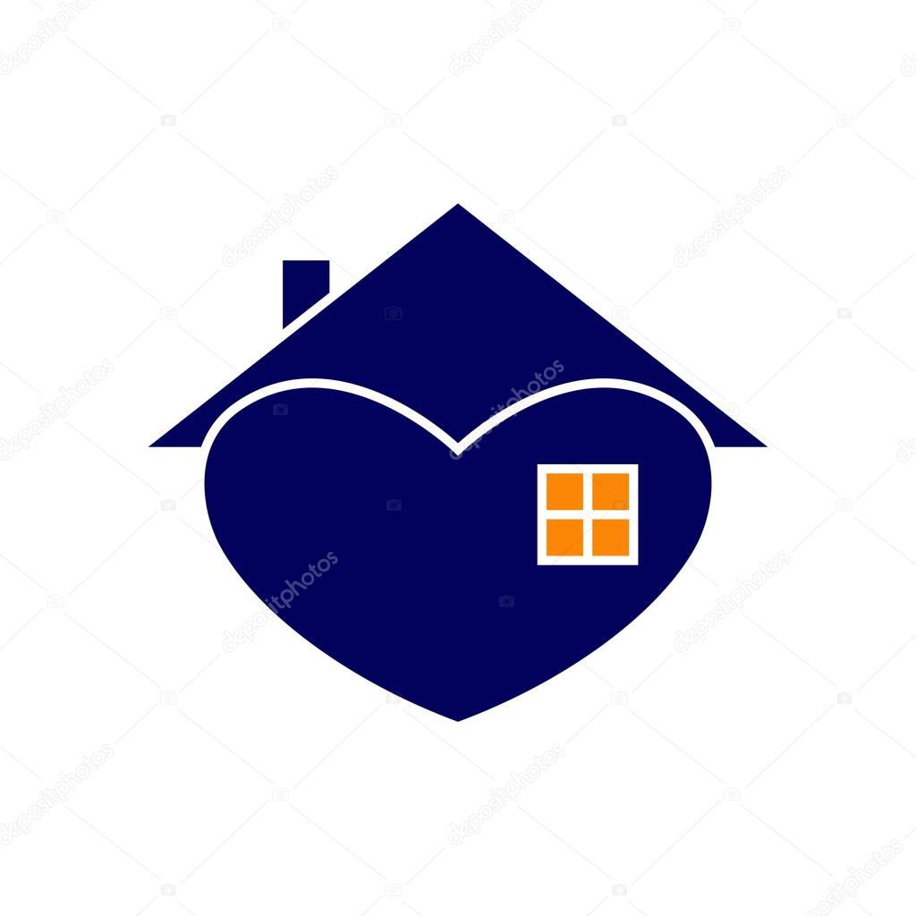 Navy house with white contour in the shape of heart with roof and chimney on it, big window and orange light in it isolated on white background. New house concept. House logo template