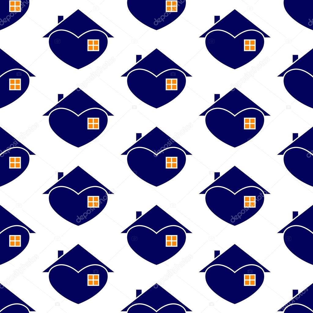 Seamless background with repeating navy house with white contour in the shape of heart with roof and chimney on it, big window and orange light in it isolated on white background. New house concept