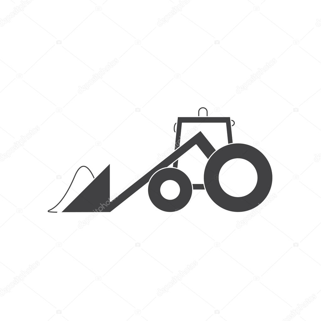 Grey cartoony tractor with snowdrift in plow isolated on white backgrownd. Logo template, design element