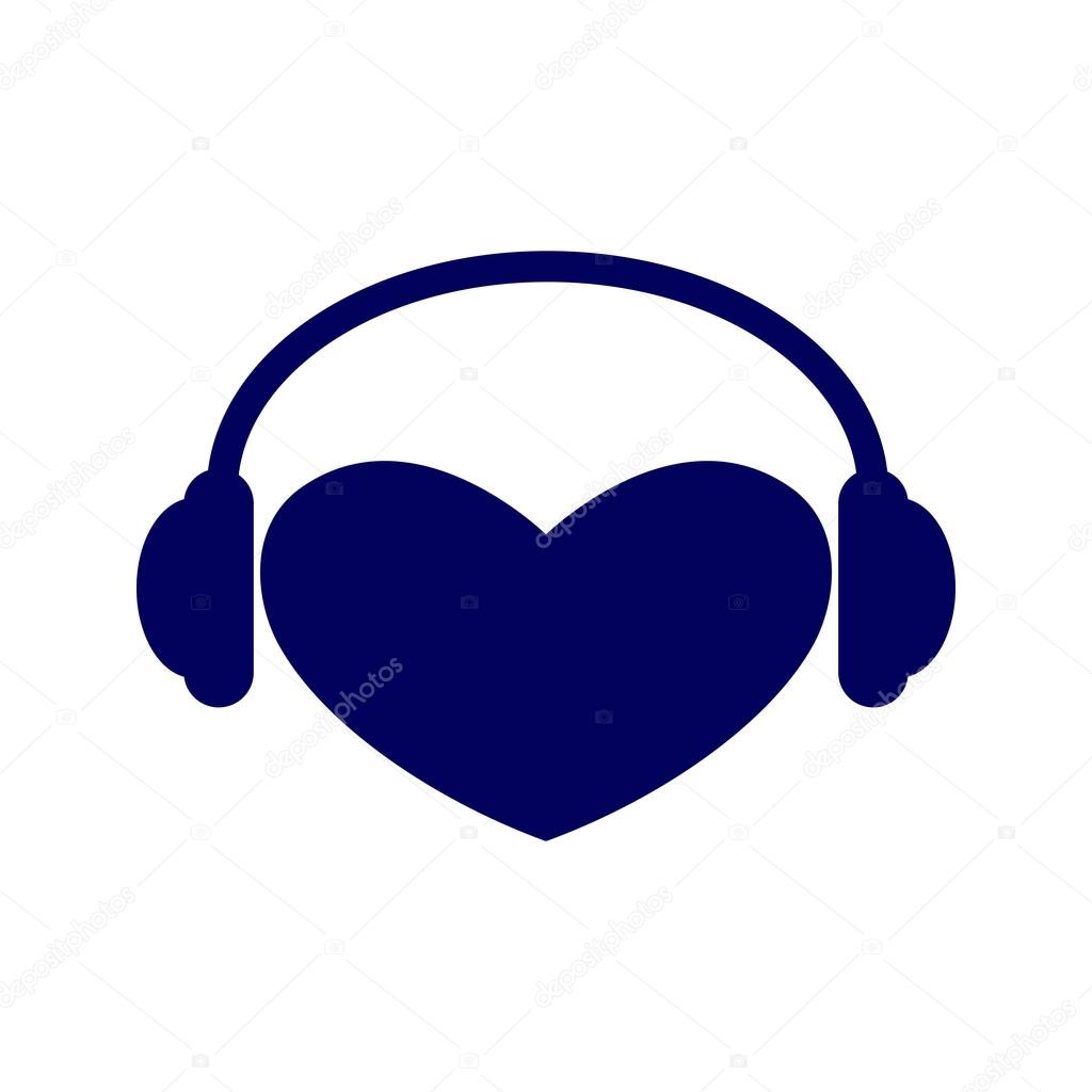 Navy colored heart with headphones on it isolated on white background. Music fan concept. Logo template, design element