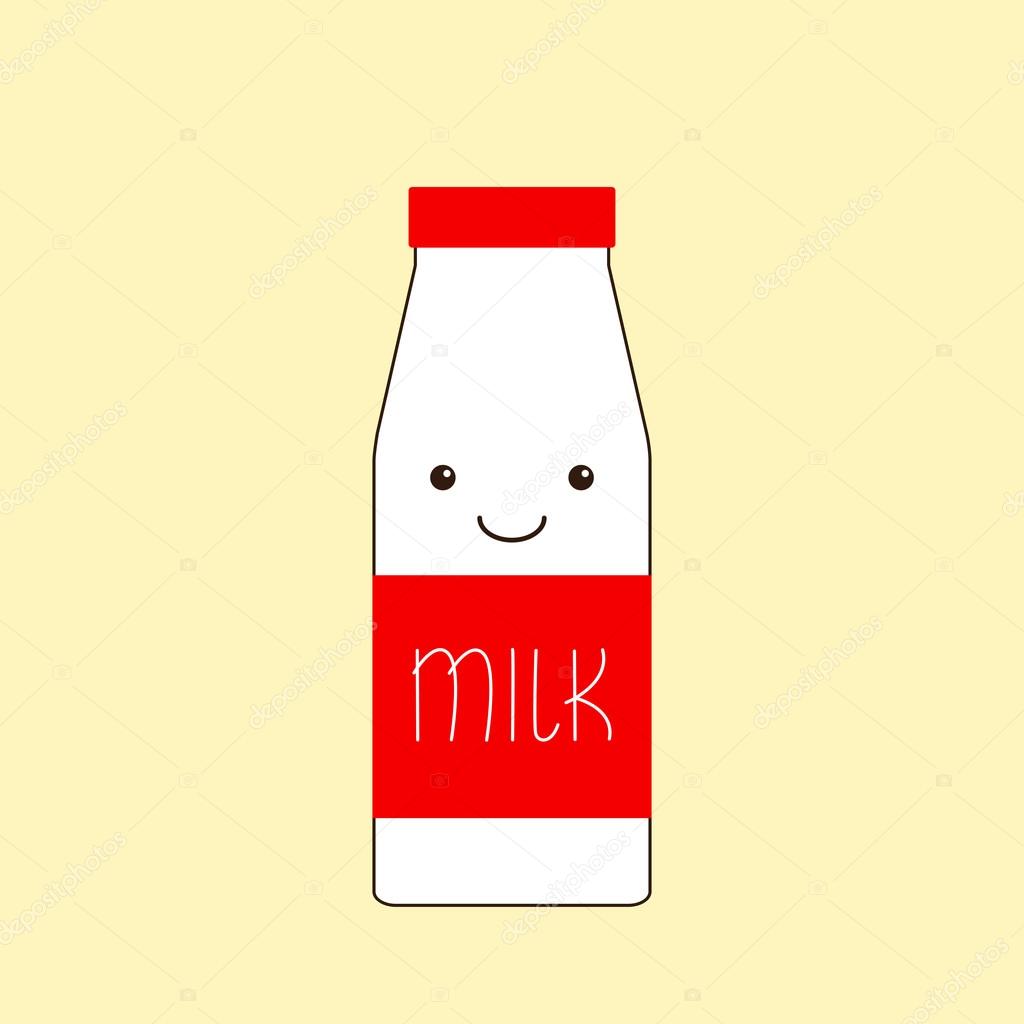 Funny milk bottle with red cap, small eyes, big smile and red sticker with handwritten lettering milk on it isolated on yellow background. Logo template, design element
